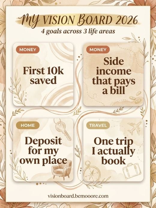 Money & first home vision board example generated from written goals